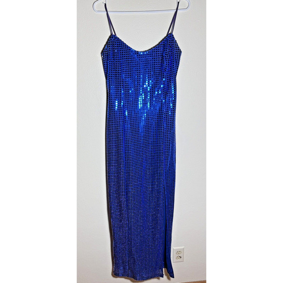 1990's LA Glow Blue Metallic Blingy Sequined Zipper Dress Gown Juniors 9/10 Prom - Picture 1 of 13